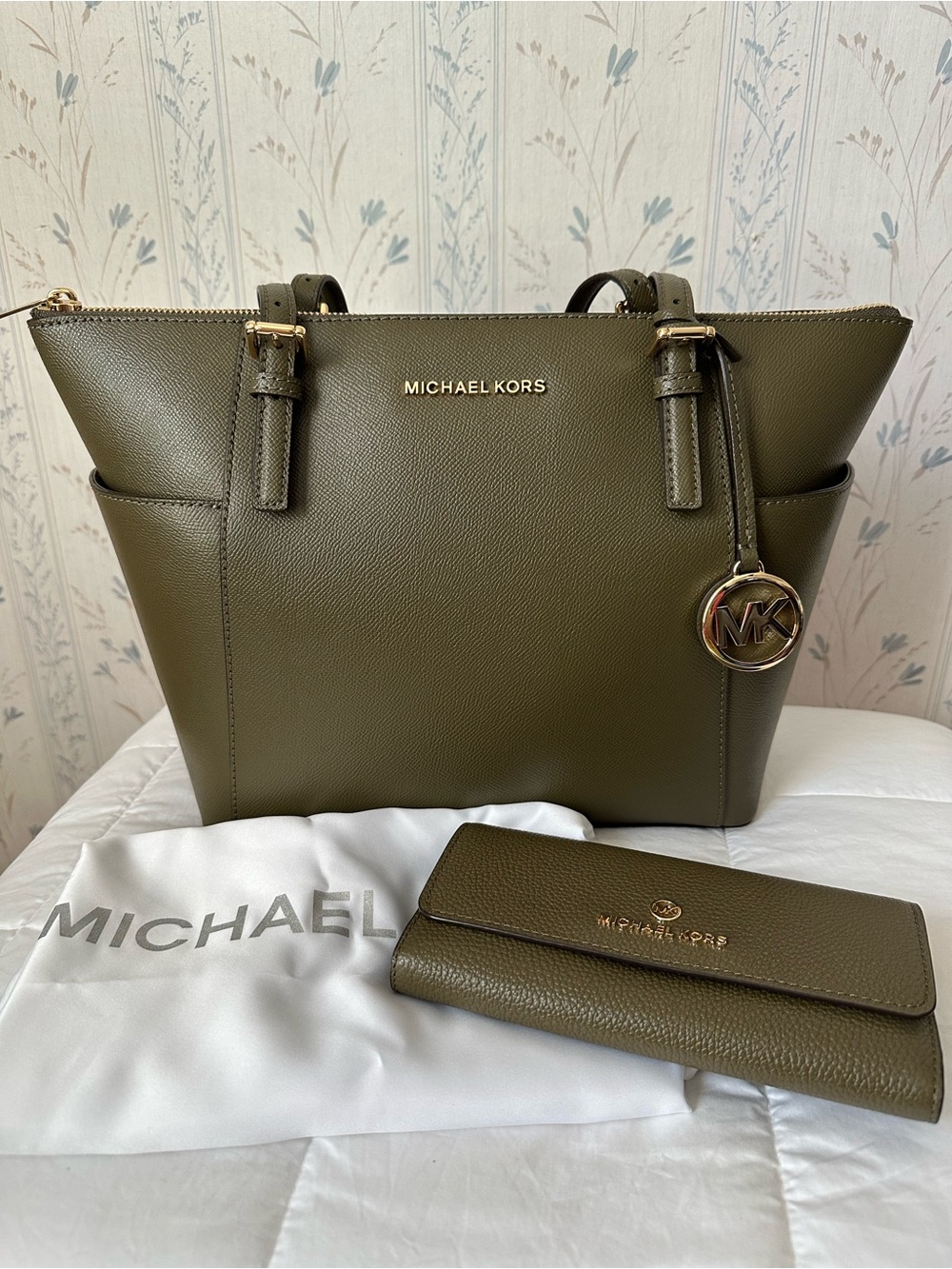 Michael Kors Olive Saffiano Leather Tote with Matching Wallet